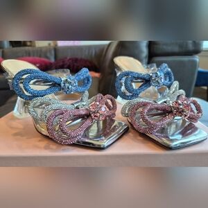 Mach & Mach Sparkling Triple Blue Silver Pink Rhinestone Bows Sandals